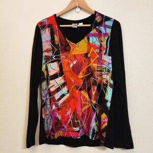 Simply Art by Dolcezza Top Multi Color Abstract Tunic Long Sleeve Women L Artsy
